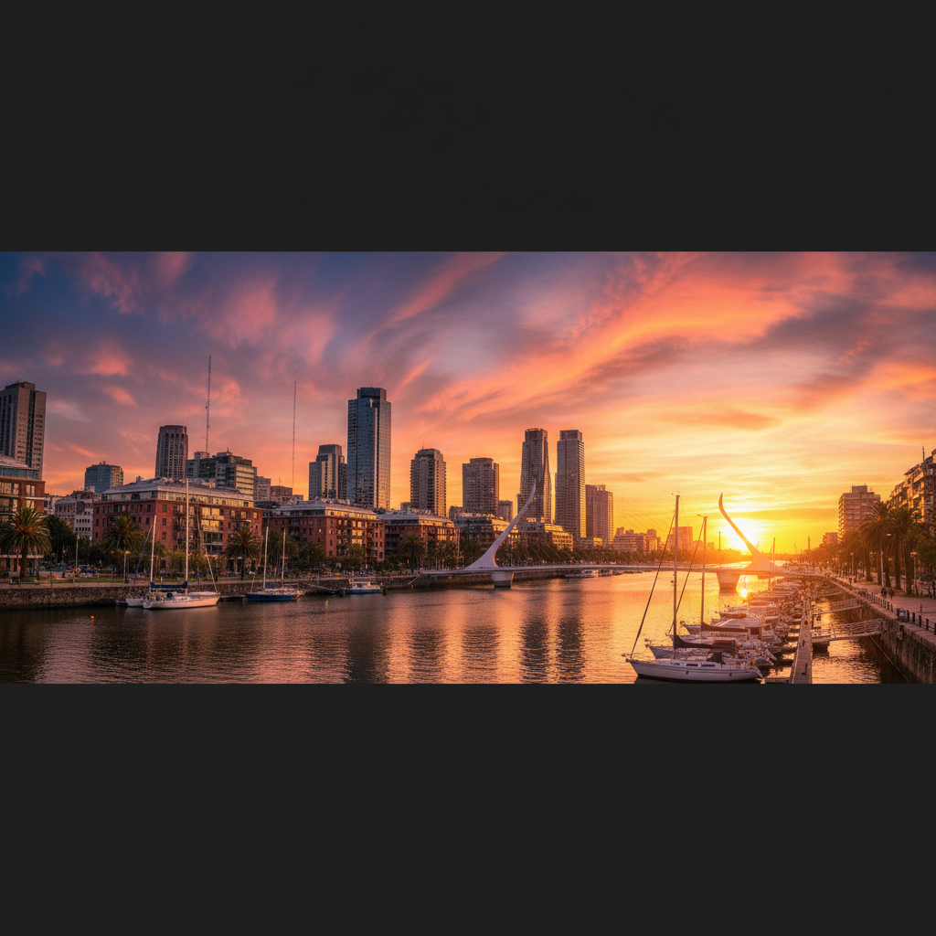 Buenos Aires skyline Puerto Madero sunset golden hour panorama
