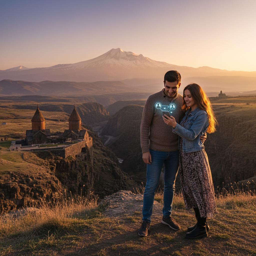 couple looking at phone, online dating concept, Armenia, horizontal photo