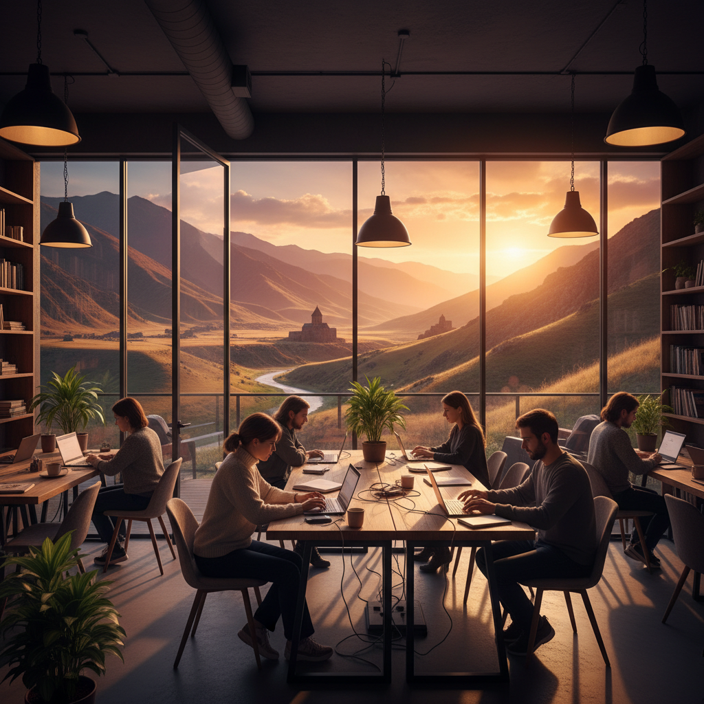 people working on laptops in a co-working space, Armenia, horizontal photo