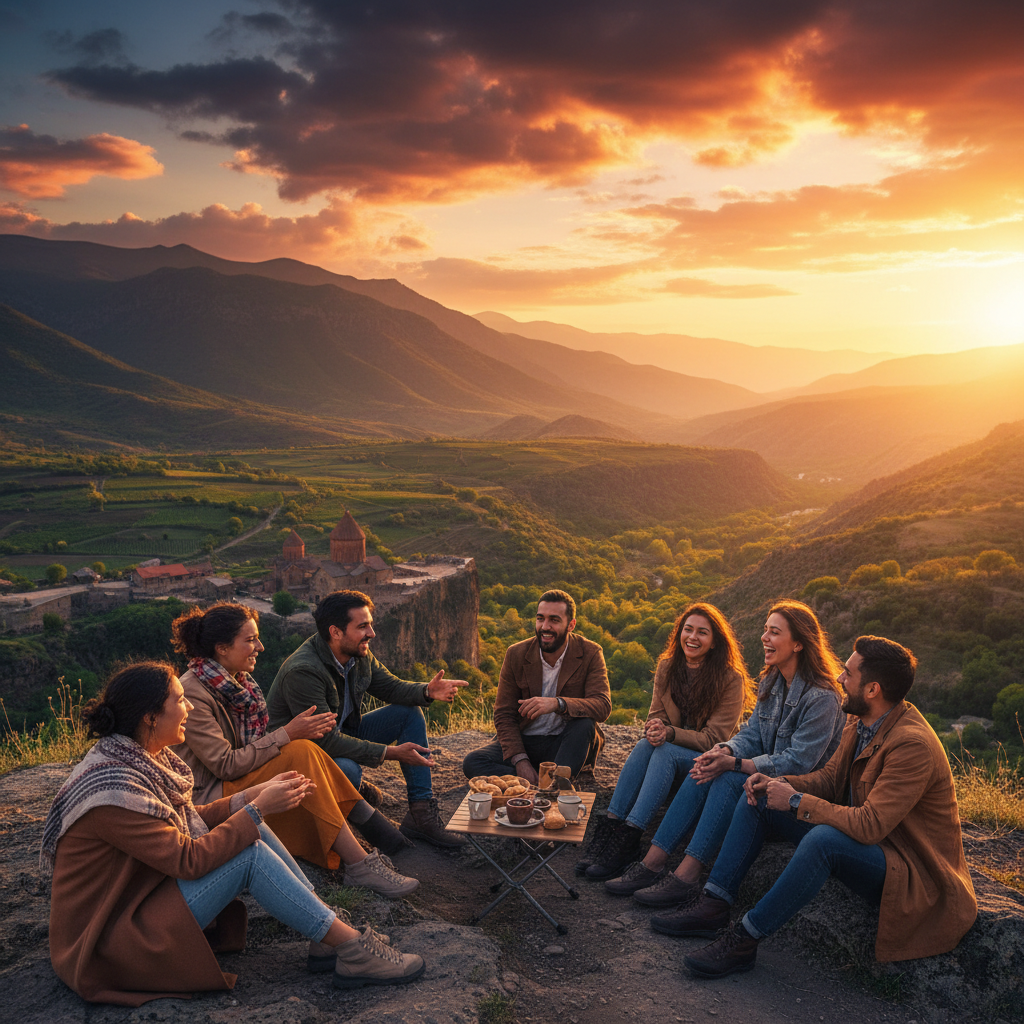 diverse group of friends socializing, Armenia, horizontal photo