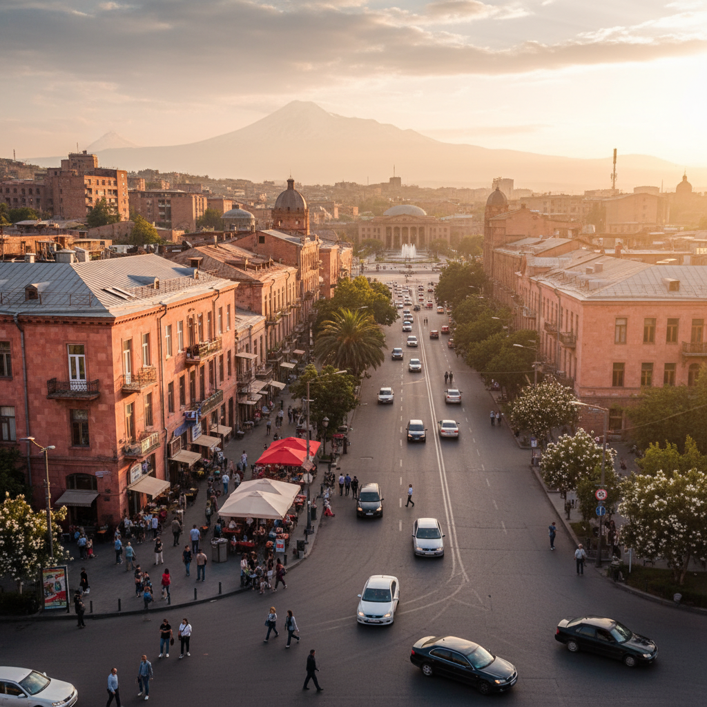 overview of Yerevan street life, Armenia, horizontal photo
