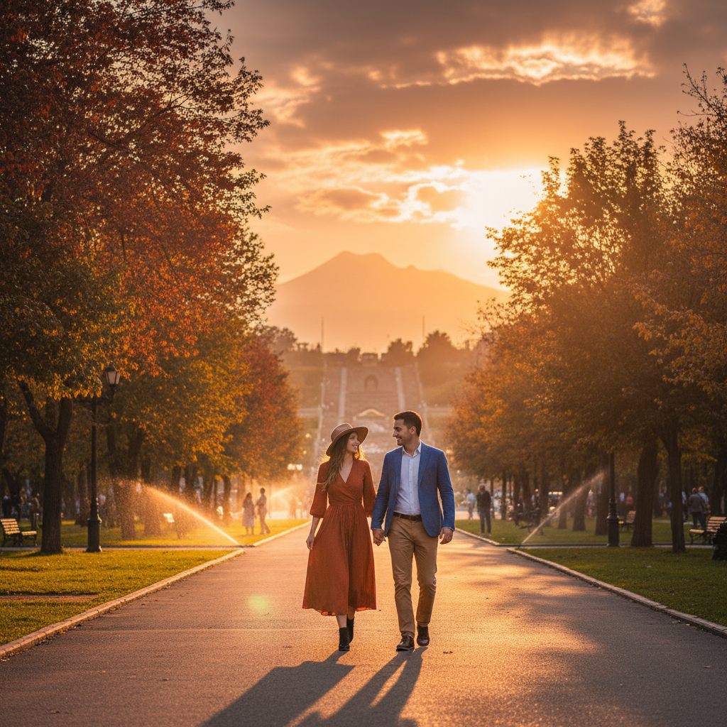 romantic couple walking in a park, Yerevan, horizontal photo