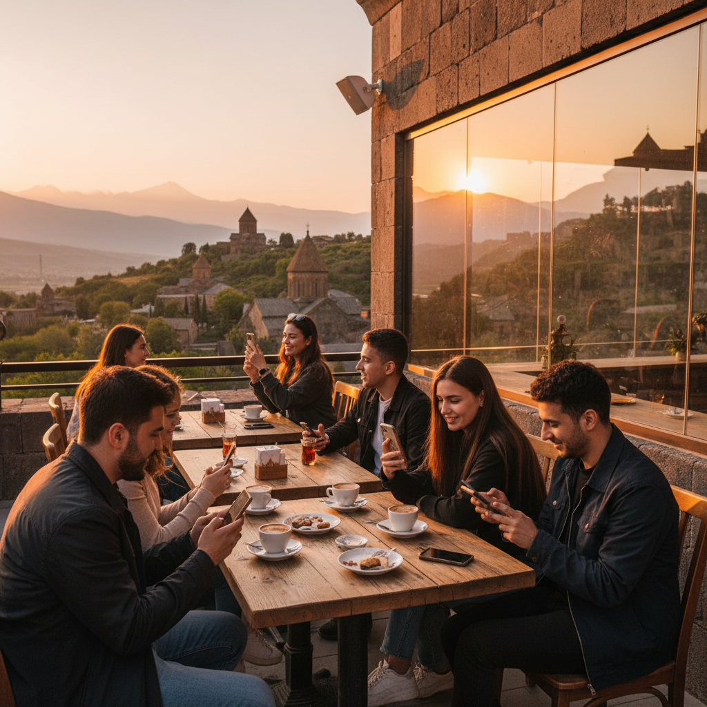 young adults using smartphones in a cafe, Armenia, horizontal photo