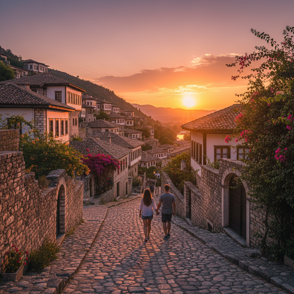 Couple walking Berat old town Ottoman houses romantic sunset
