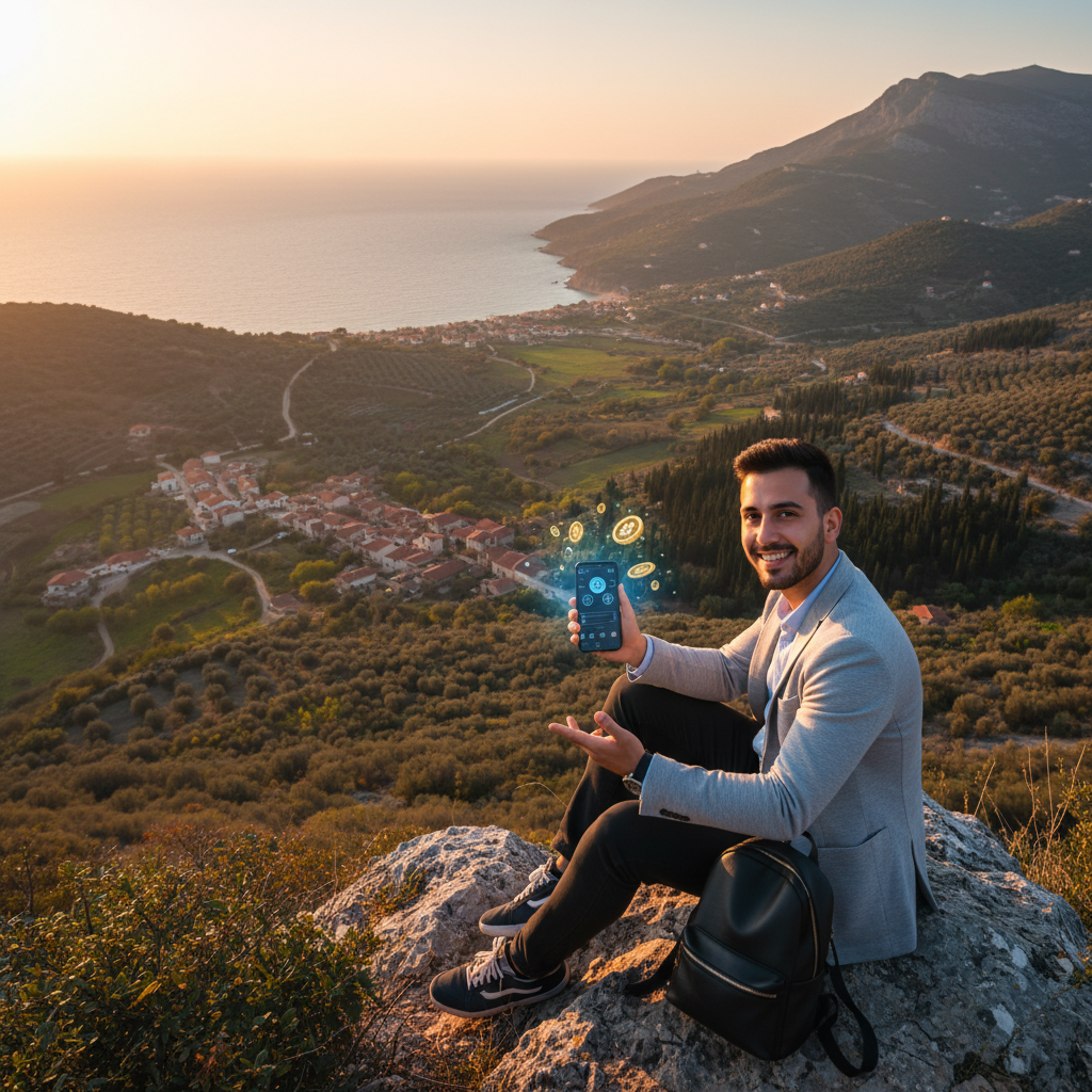 Albanian young professional smartphone digital coins earning