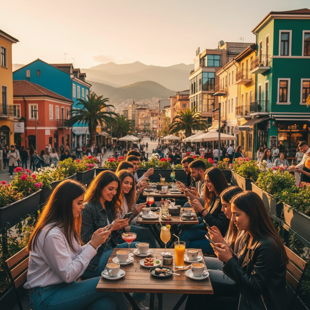 Albania smartphone social media cafe young people Blloku