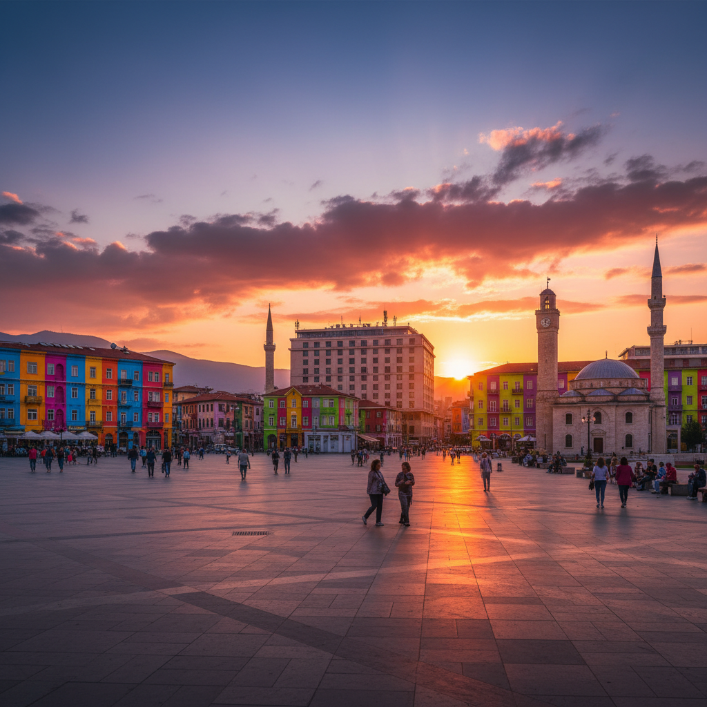 Tirana Skanderbeg Square colorful buildings sunset golden hour