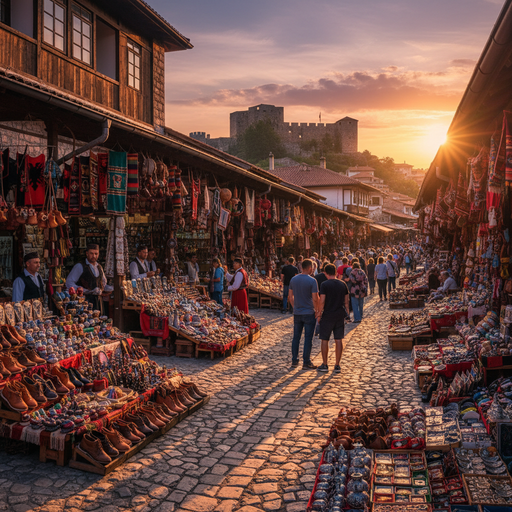 Kruja old bazaar traditional crafts colorful souvenirs market