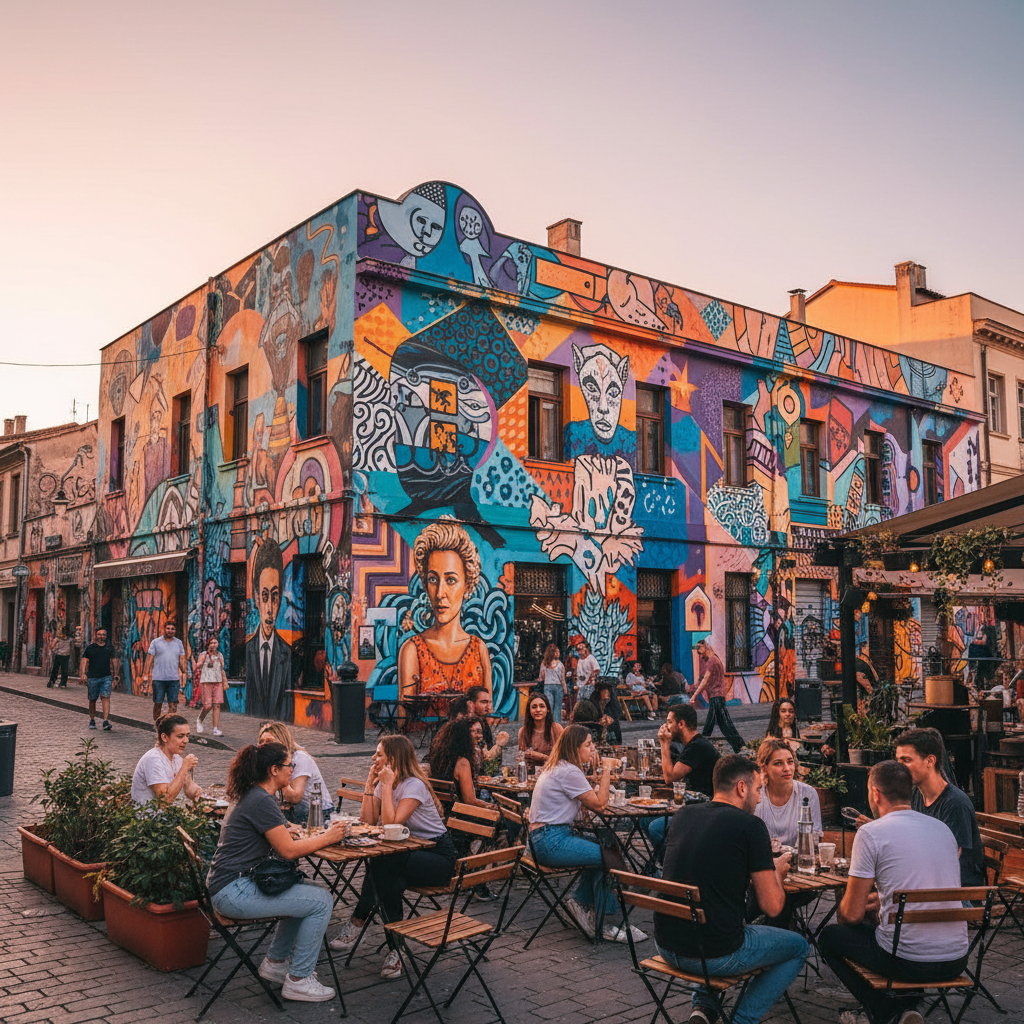 Tirana street art colorful neighborhood trendy cafe scene
