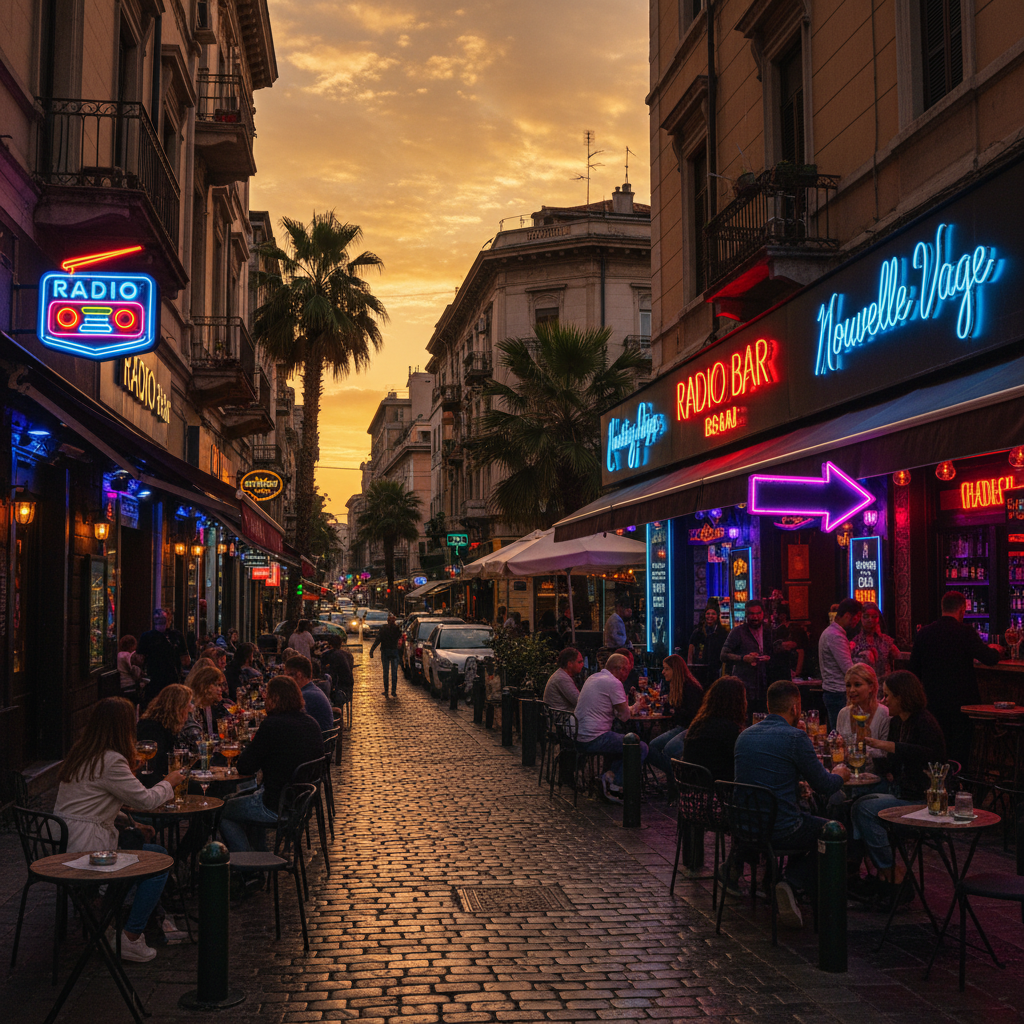 Tirana Blloku nightlife bar cocktail neon lights evening