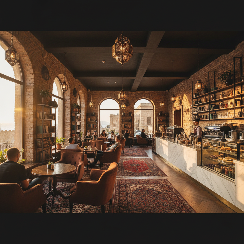 Friends chatting in a trendy cafe