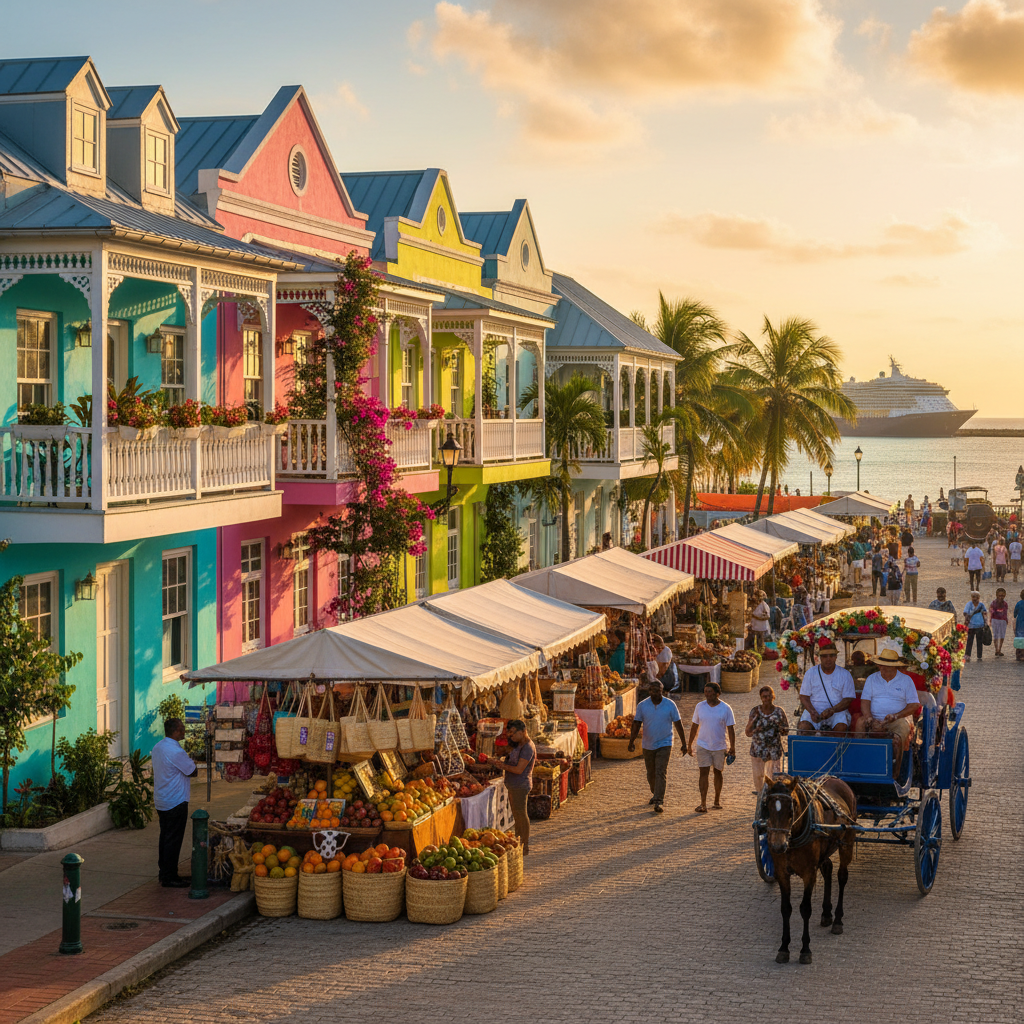 Colorful street scene in Nassau, Bahamas, horizontal