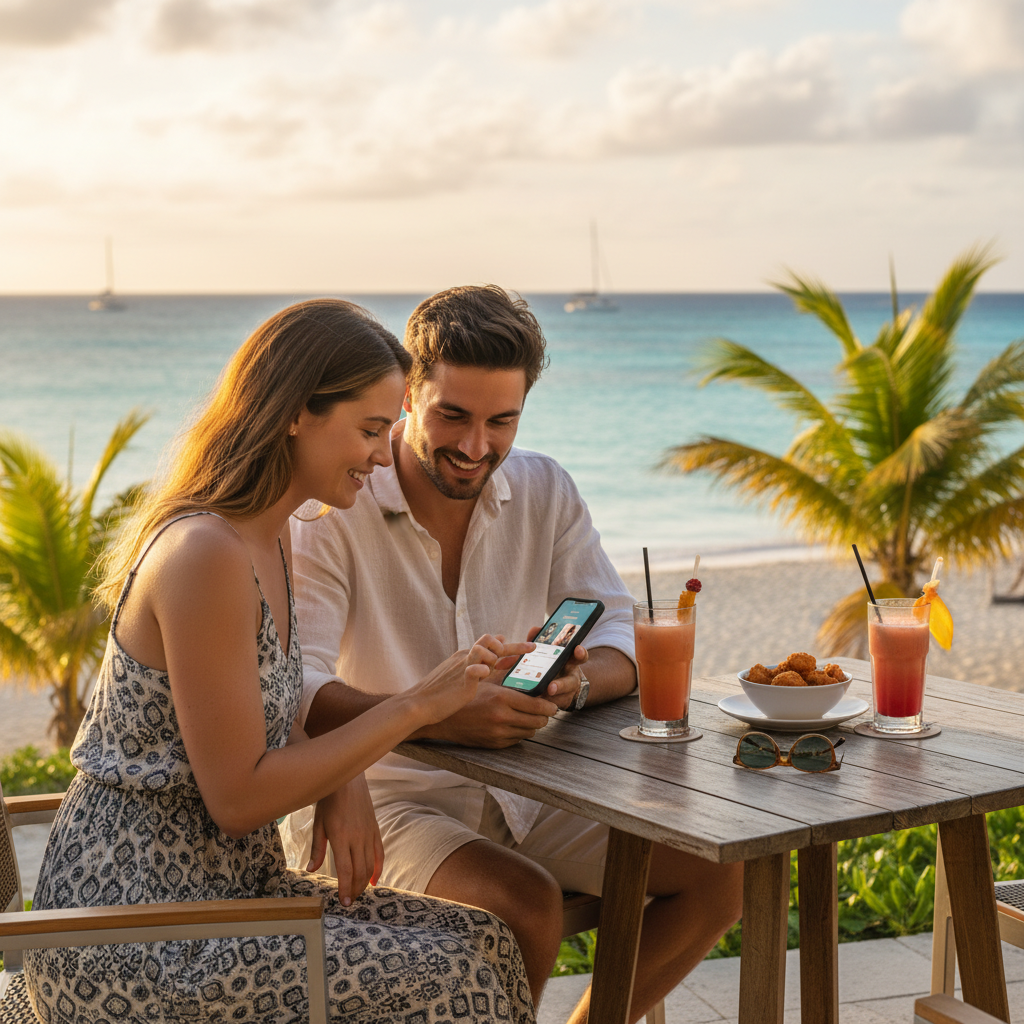 Couple using a dating app on a phone in a Bahamian cafe