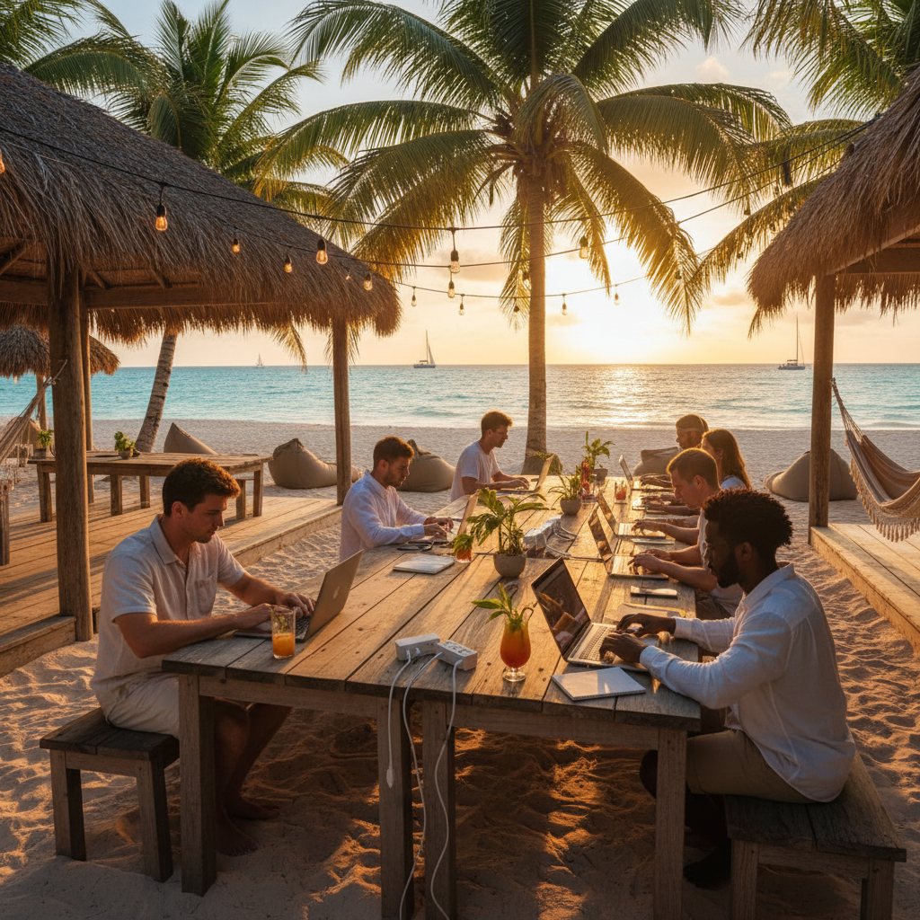 People working on laptops in a co-working space in the Bahamas