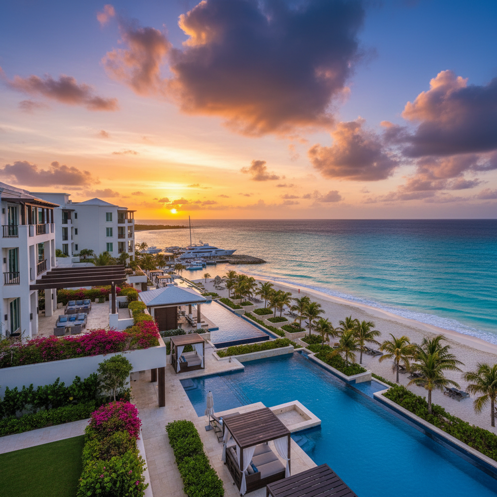 Luxury resort hotel exterior in the Bahamas, ocean view