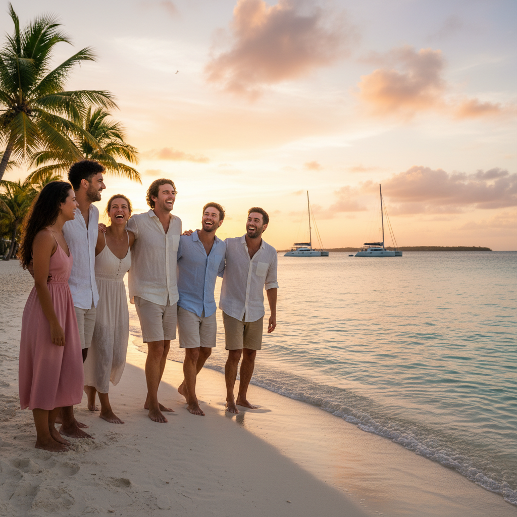 Diverse group of friends laughing and connecting in the Bahamas