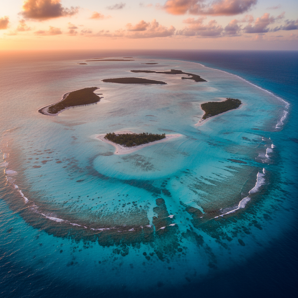 Bahamas aerial overview, clear blue water and islands