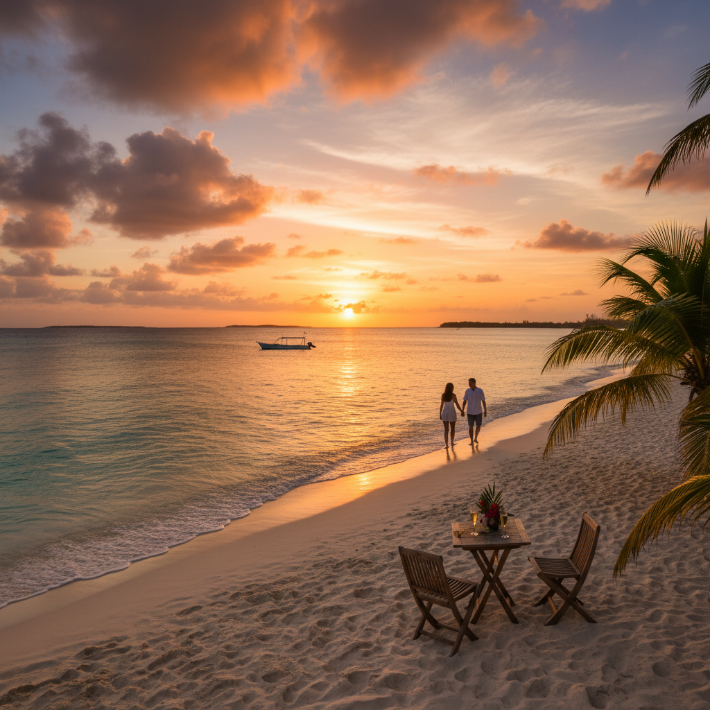 Romantic sunset view over a Bahamian beach