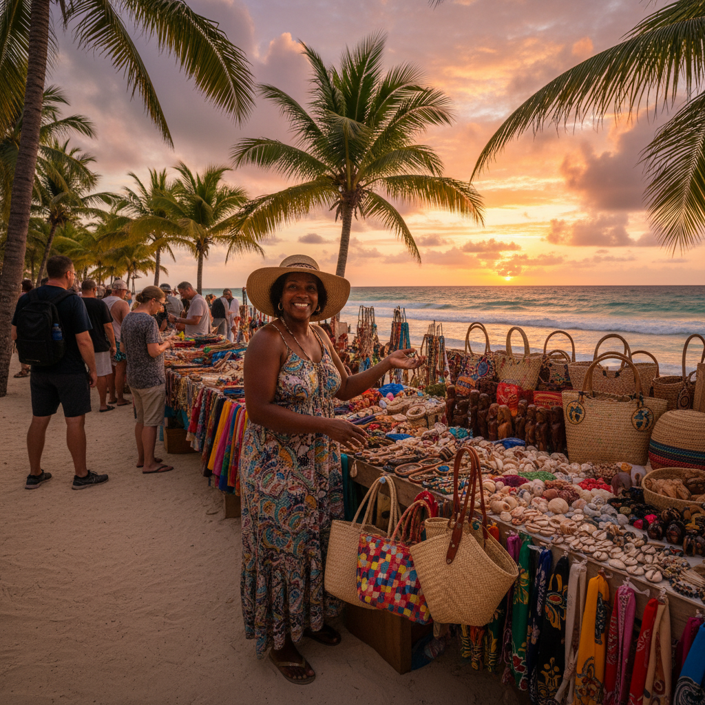 Bahamian vendor selling local crafts at a market