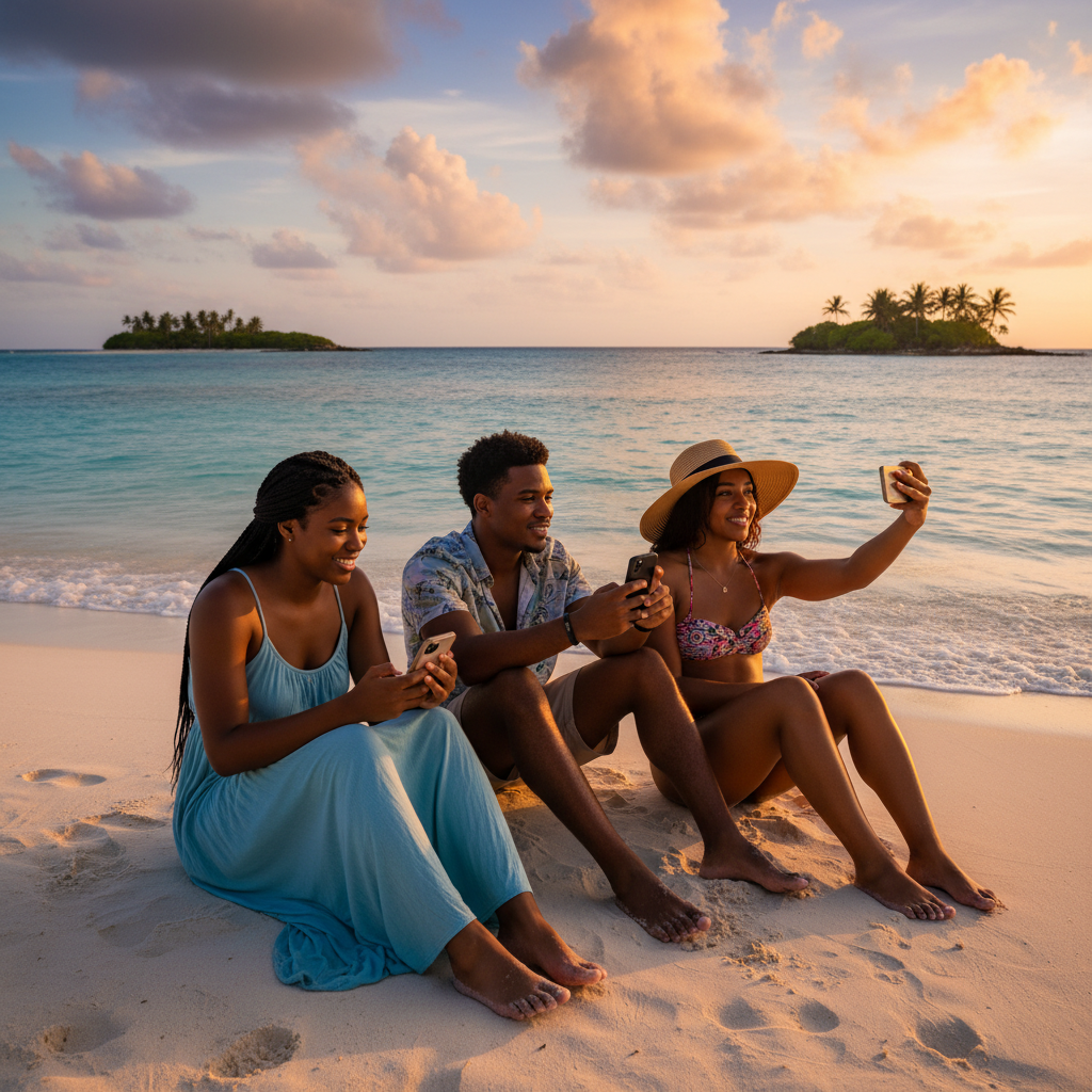 Young Bahamians using smartphones on a beach, vibrant