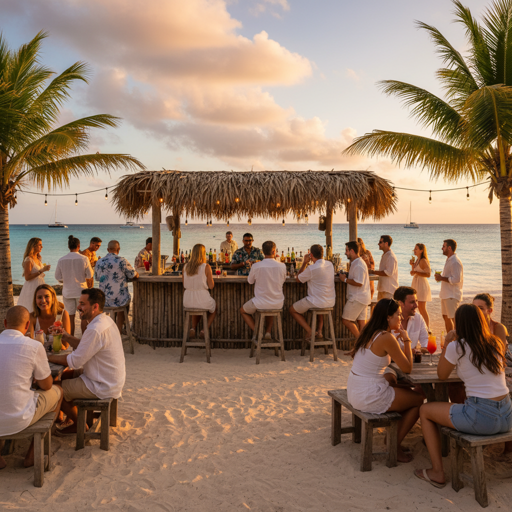 Beach bar scene in the Bahamas with people socializing