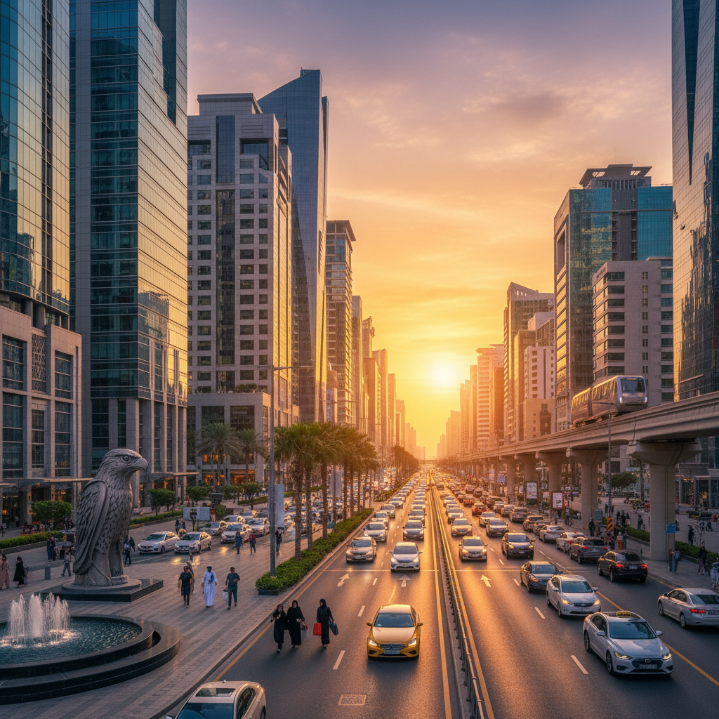 vibrant streets of a Bahraini city center with cafes