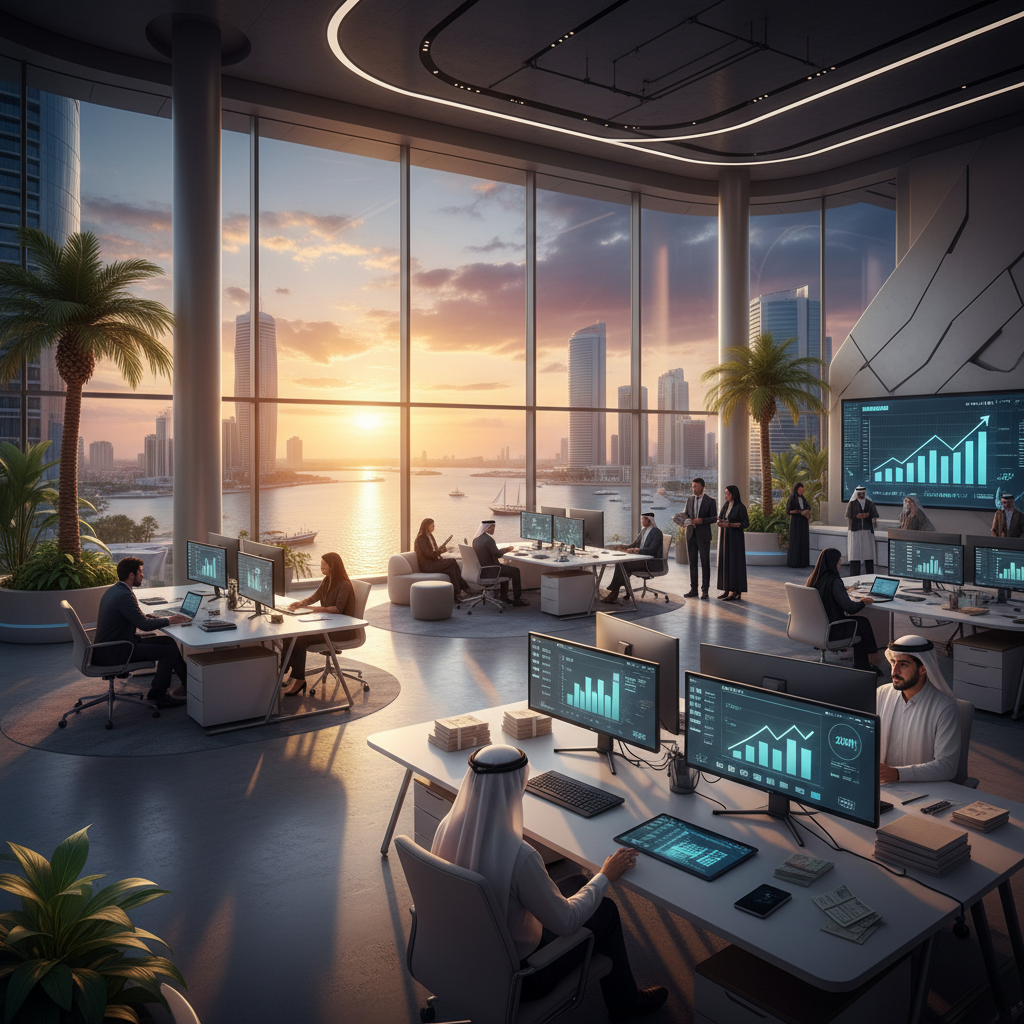 people working on laptops in a modern Bahraini co-working space