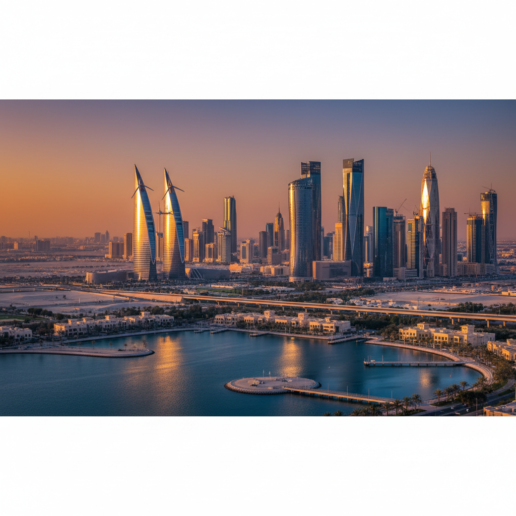 overview of modern Bahrain city skyline at sunset