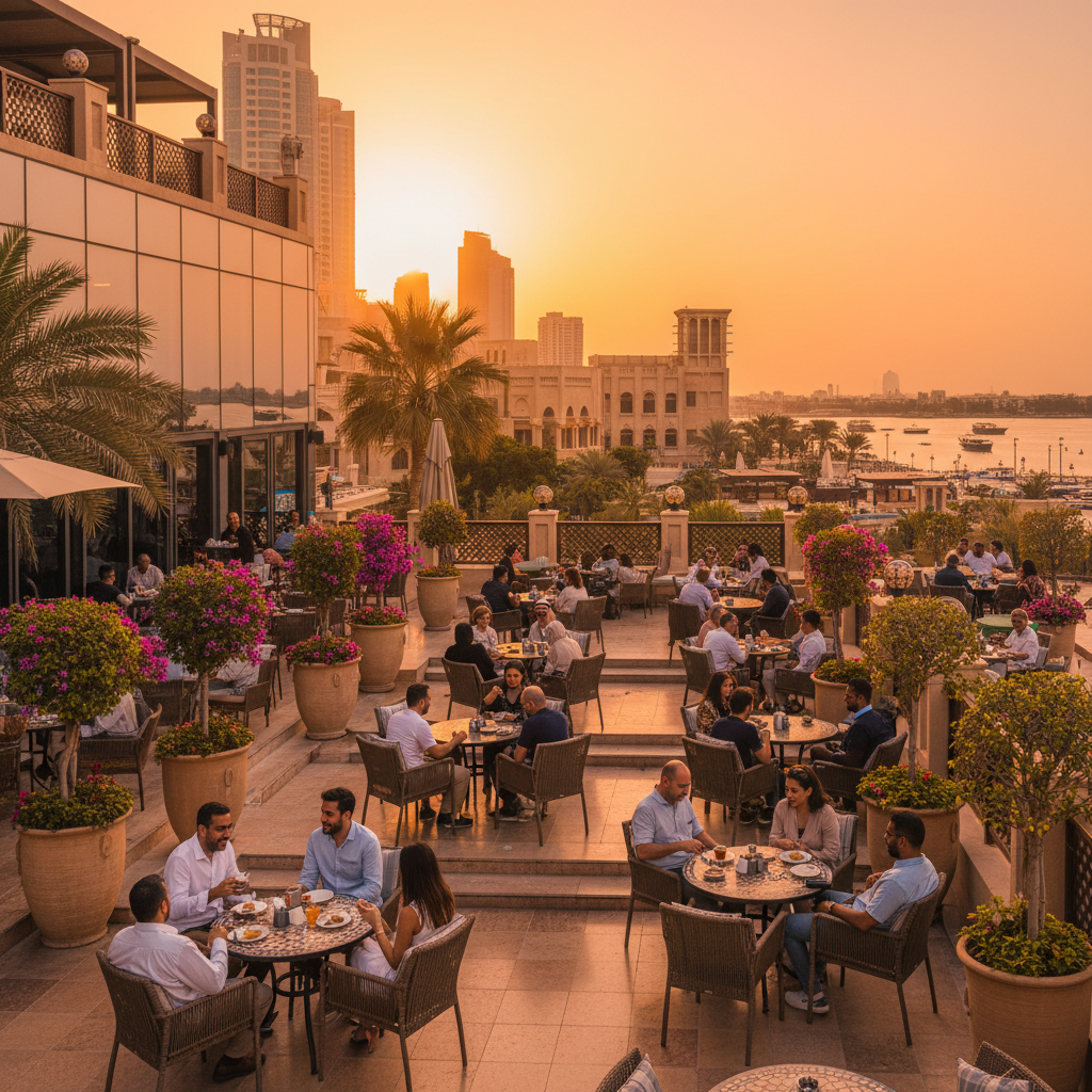 people socializing at a trendy cafe in Adliya, Bahrain