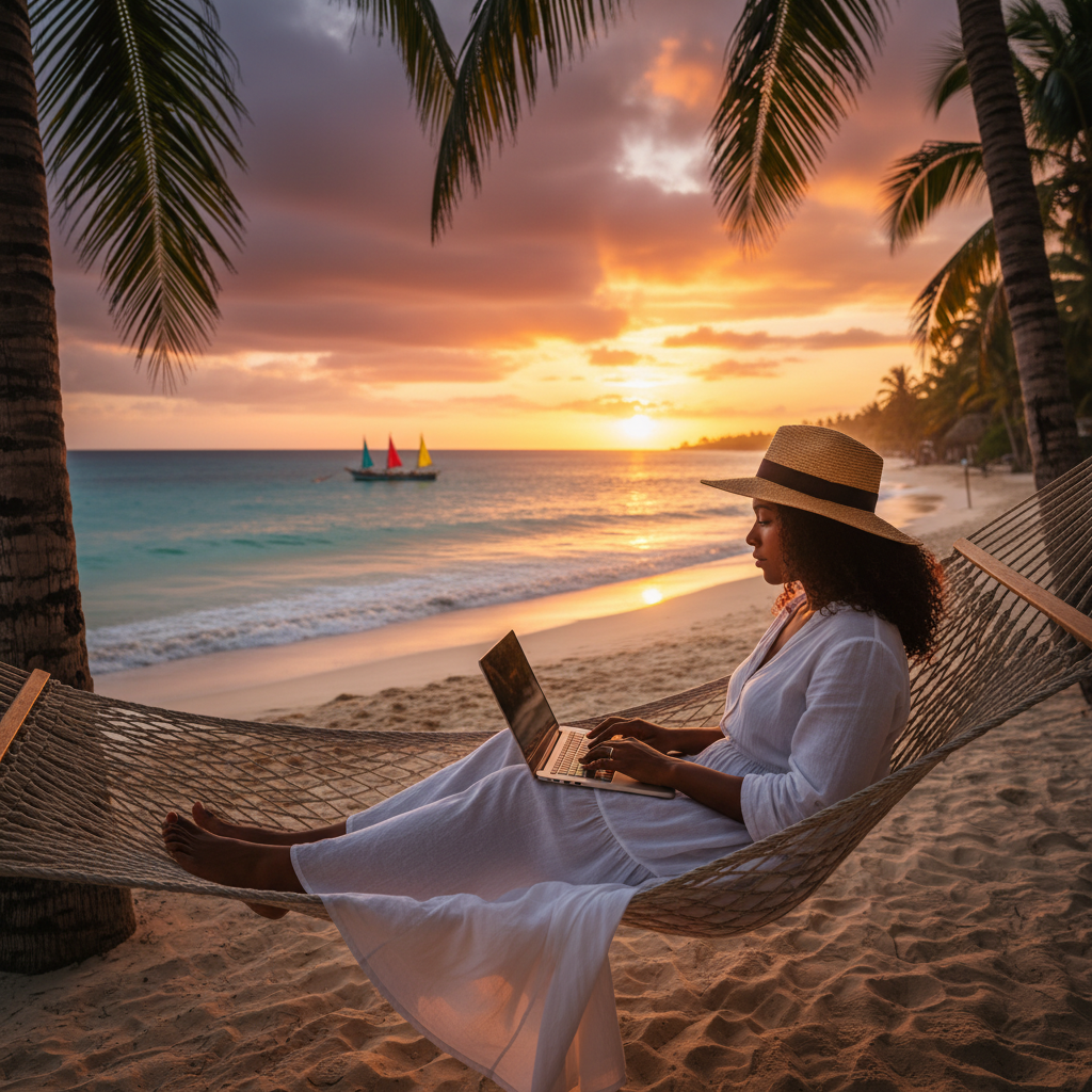 Young Barbadian using smartphone beach cafe Caribbean terrace