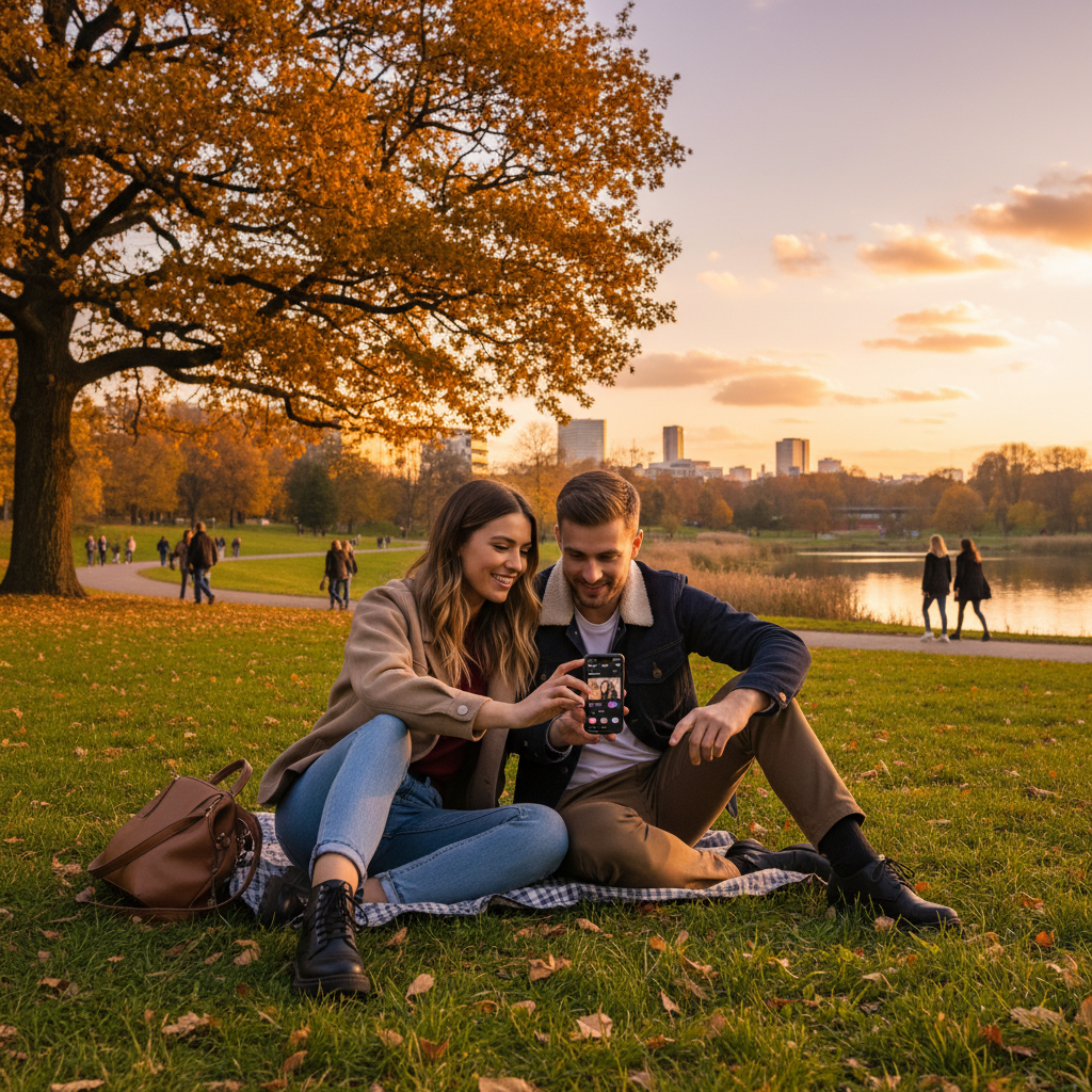 Couple walking Minsk Belarus Victory Square romantic evening lights