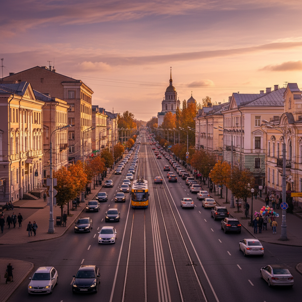 busy street scene in Gomel city center, horizontal