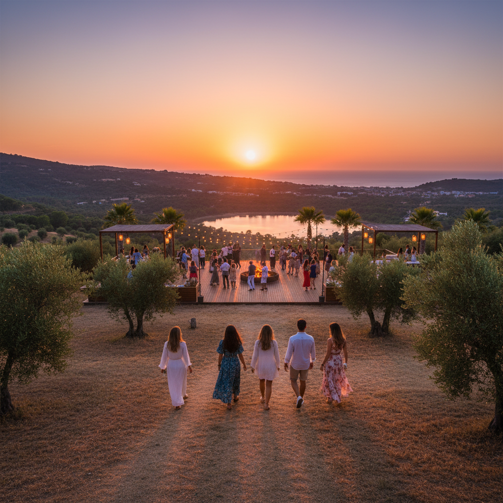 group of friends arriving at a party, horizontal