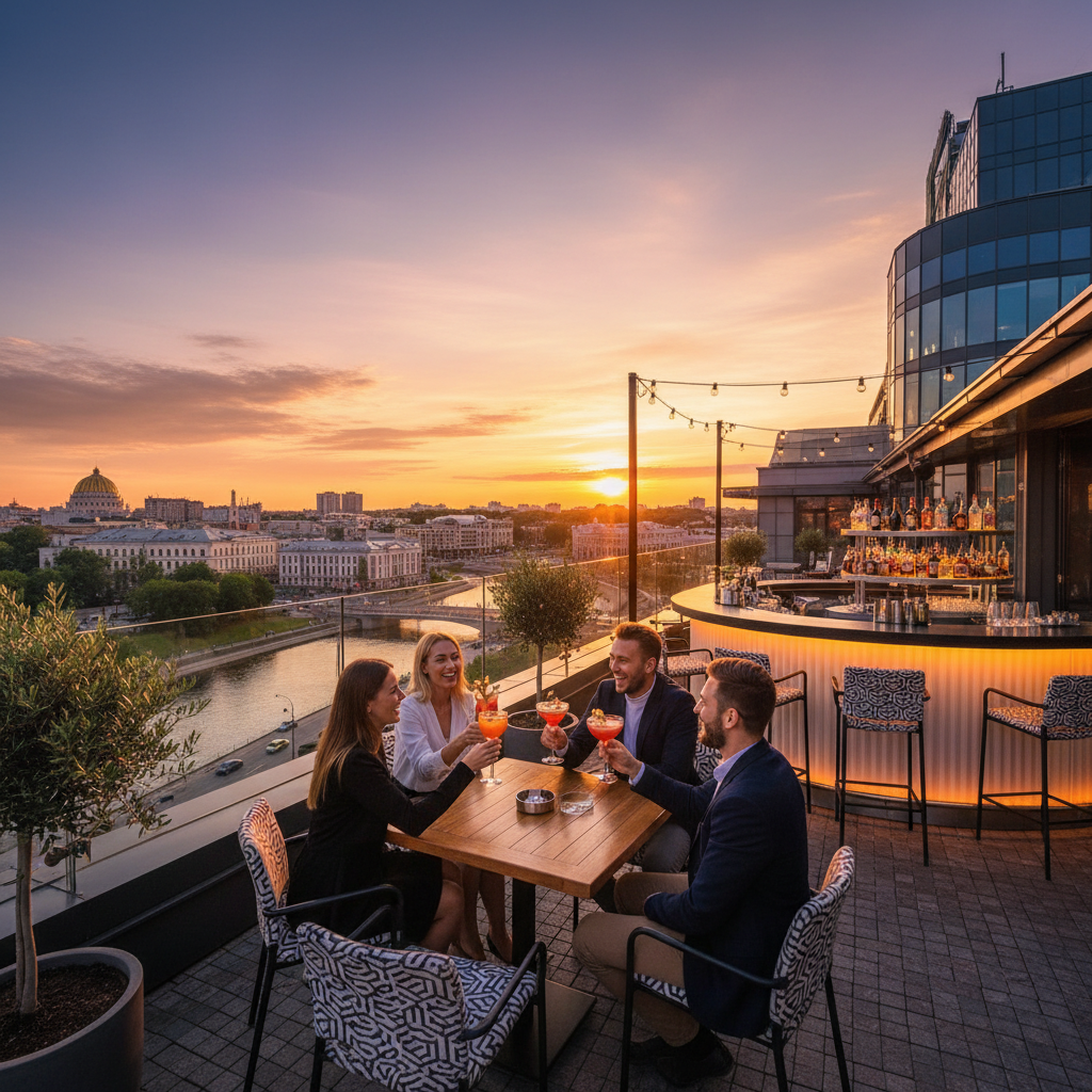 friends meeting at a stylish bar in Minsk, horizontal