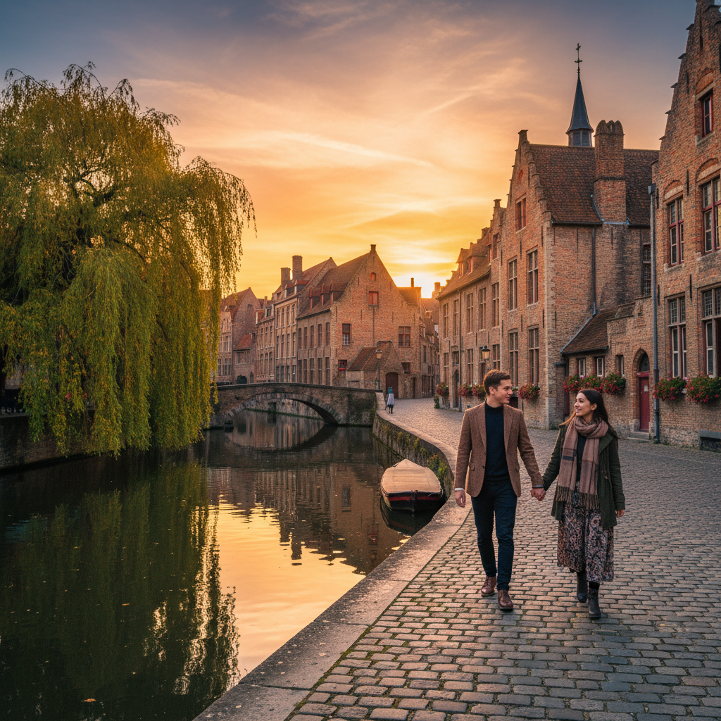 Couple walking Bruges canal cobblestone romantic
