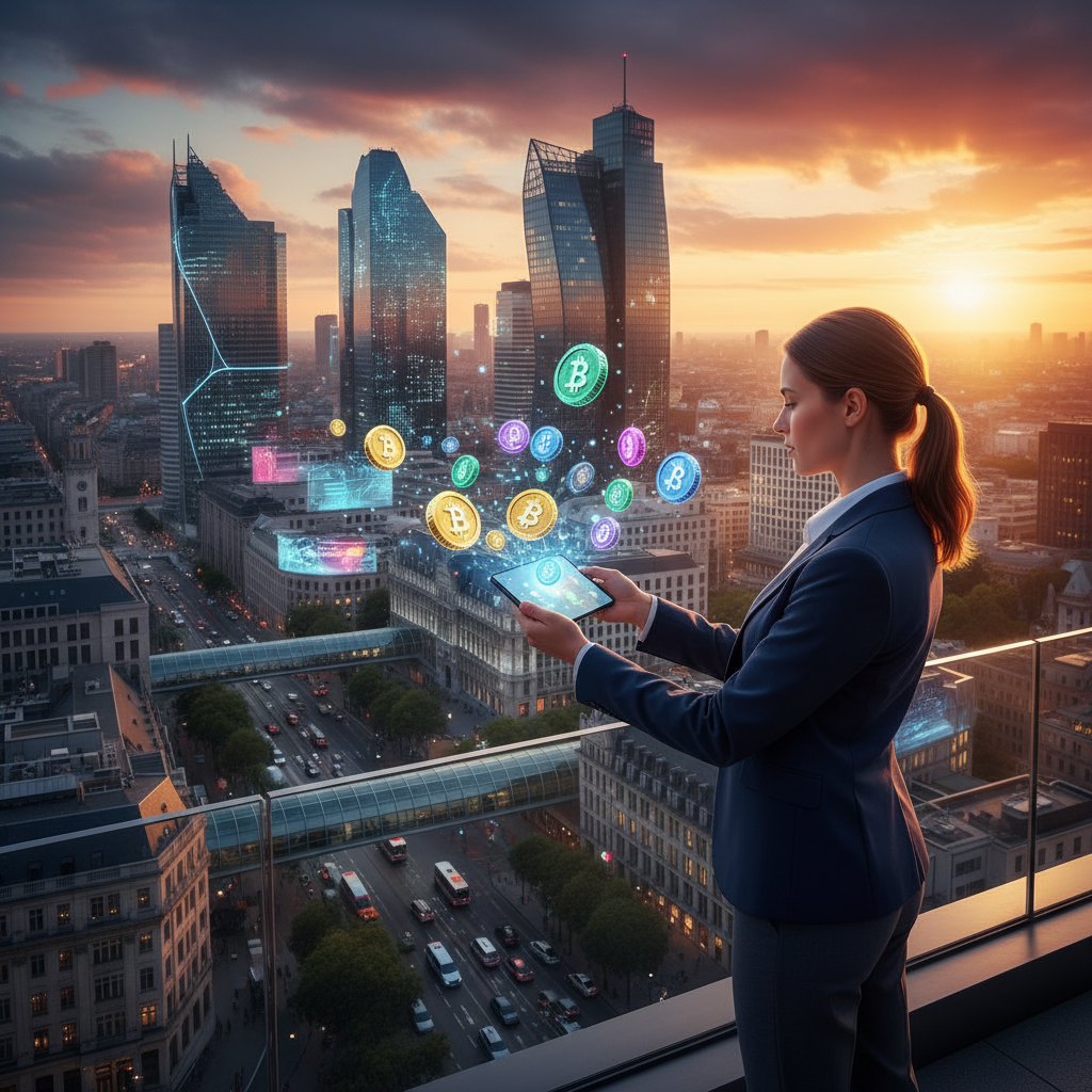 Young professional smartphone digital coins modern Brussels