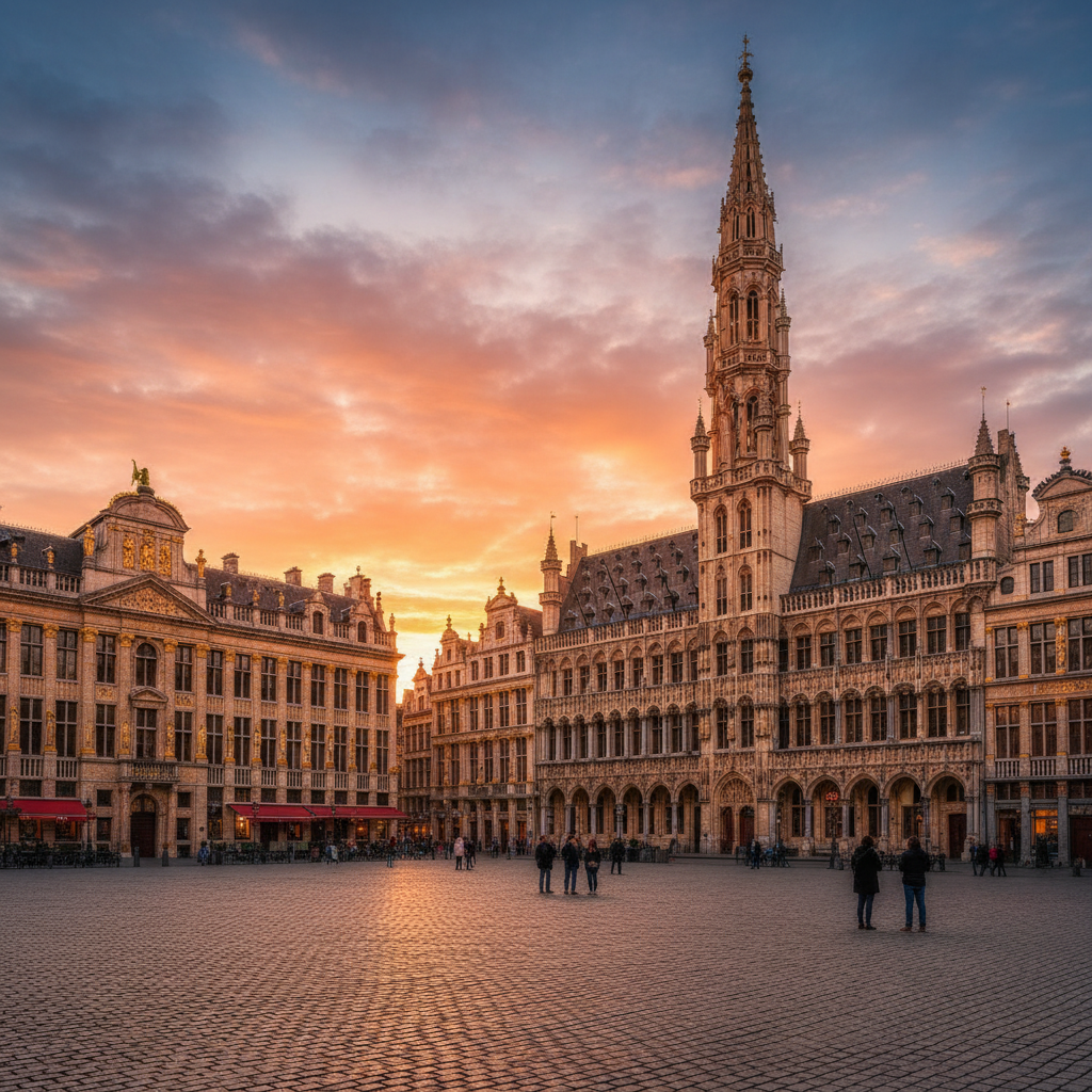 Brussels Grand Place golden hour sunset gothic architecture