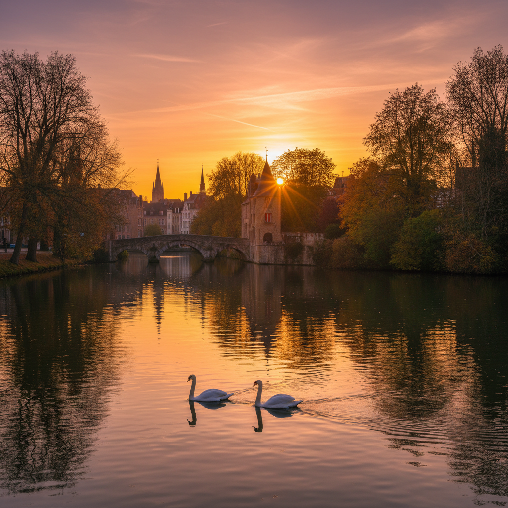 Bruges Minnewater love lake swans romantic sunset