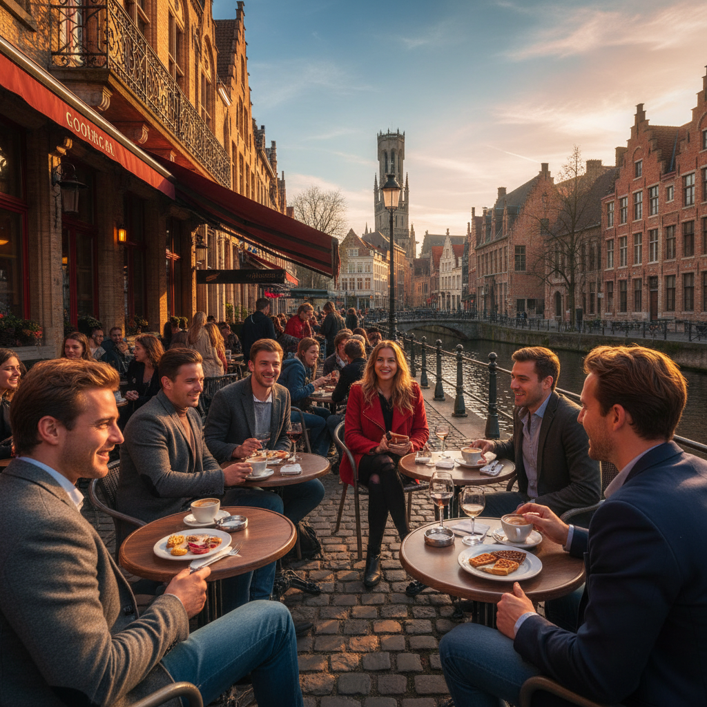 Young adults gathering in a Belgian city cafe horizontal