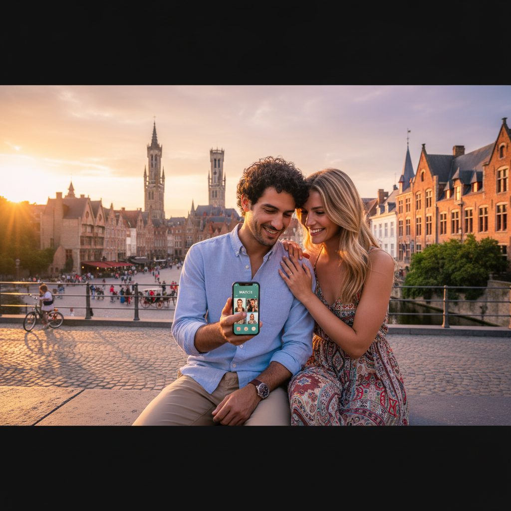 Couple on a dating app looking at phone Belgium horizontal