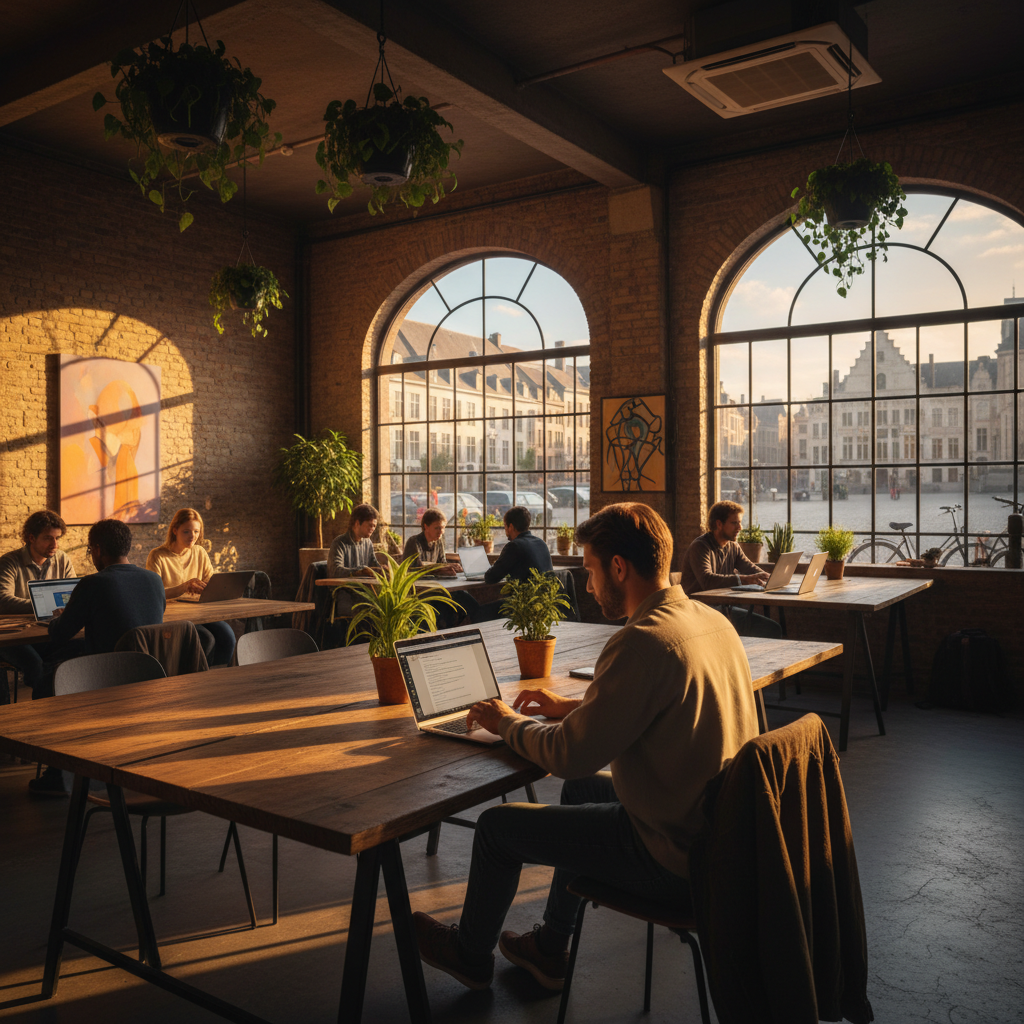 Young person working on laptop in coworking space Belgium horizontal
