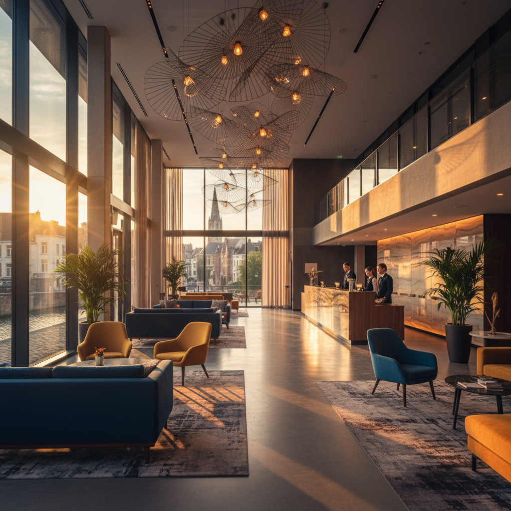 Modern hotel lobby in Ghent Belgium horizontal
