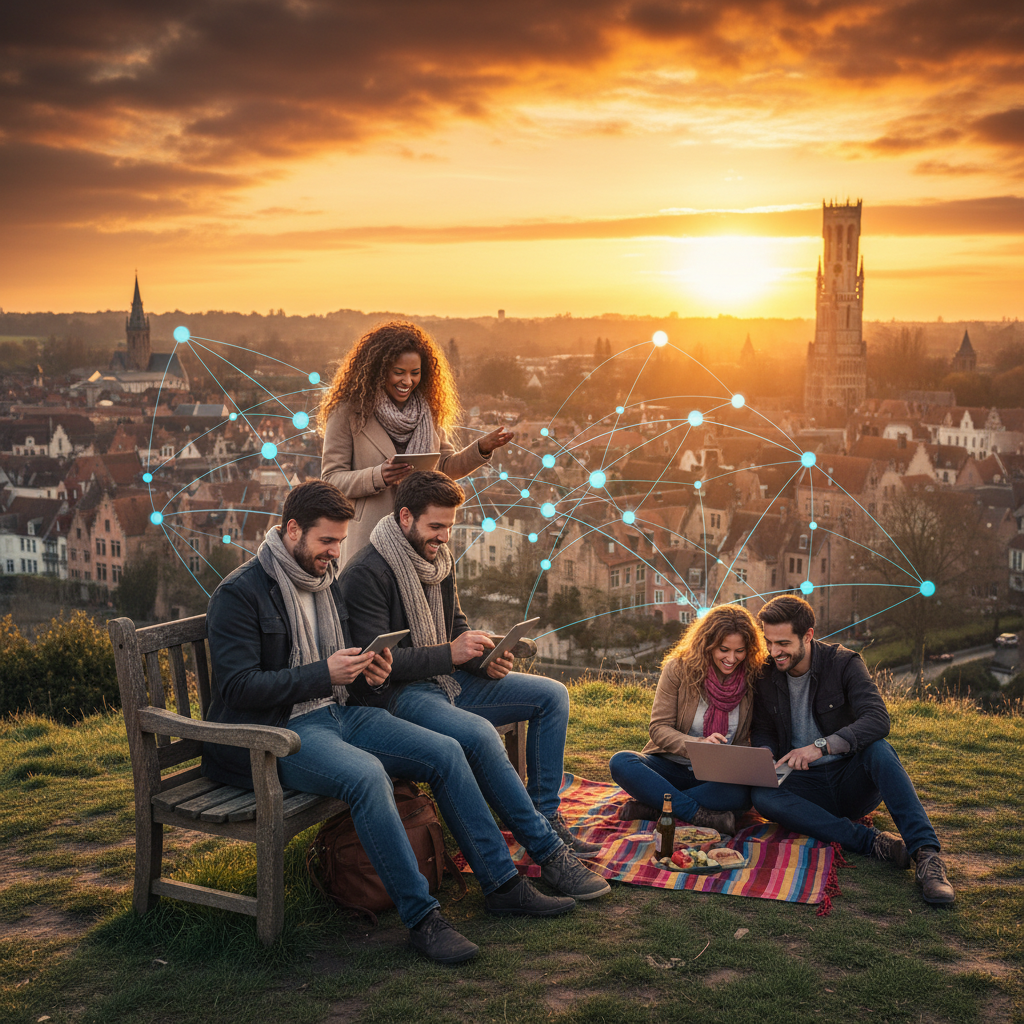 Diverse group of friends joining an online community Belgium horizontal