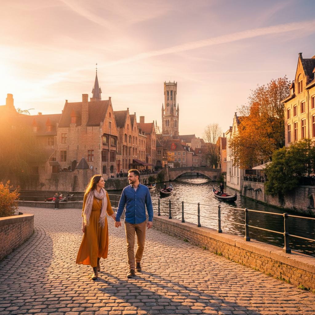Romantic couple walking hand-in-hand in Bruges horizontal