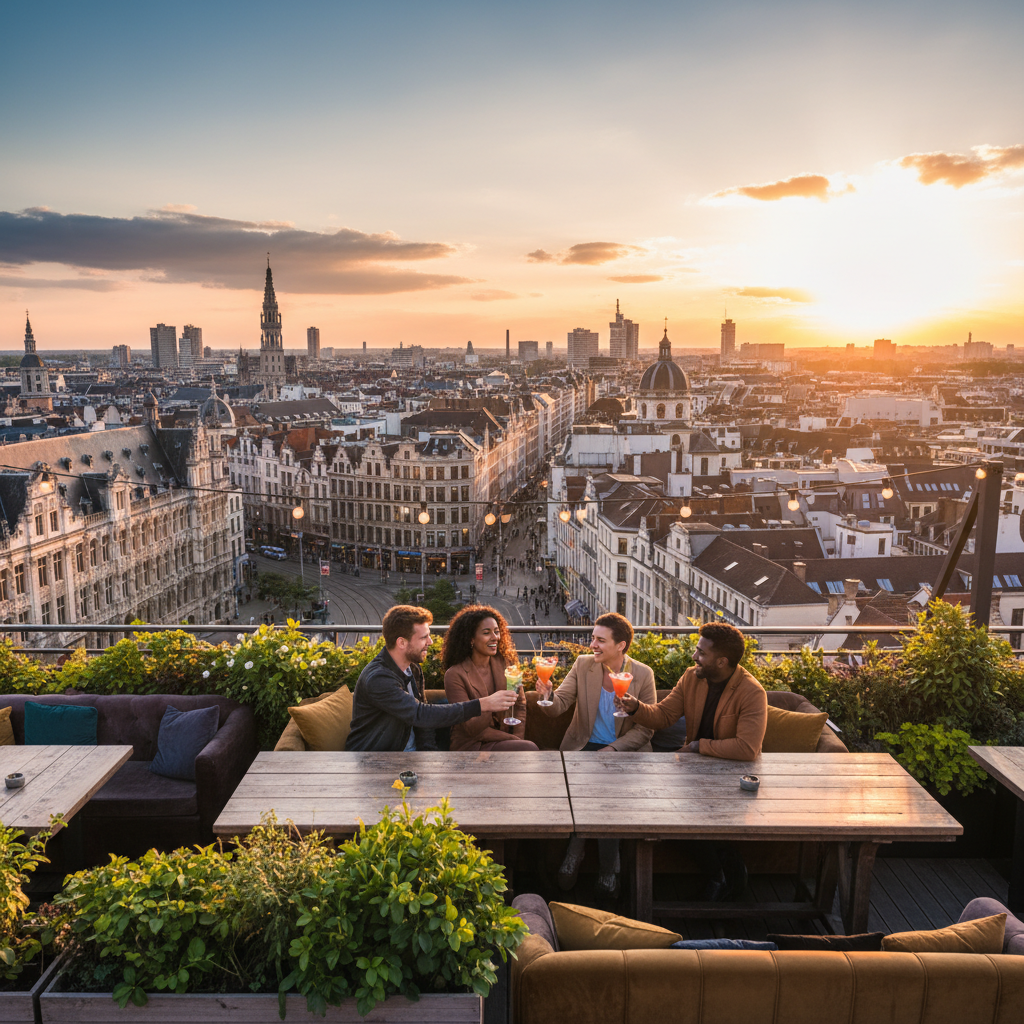 Friends meeting at a trendy bar in Brussels horizontal