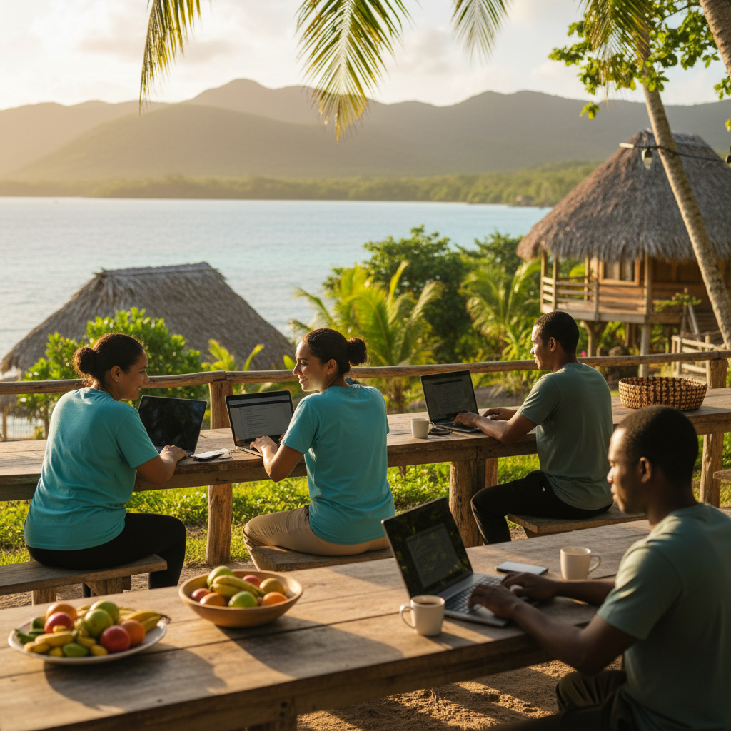 Young Belizean professional smartphone Ambergris Caye beach cafe terrace