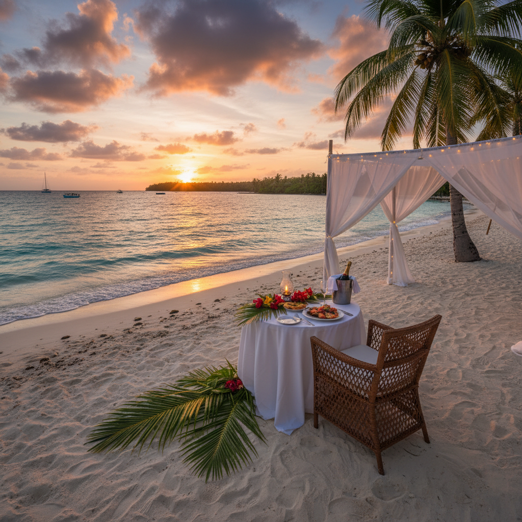 Placencia Belize Caribbean beach sunset palm trees golden hour tropical