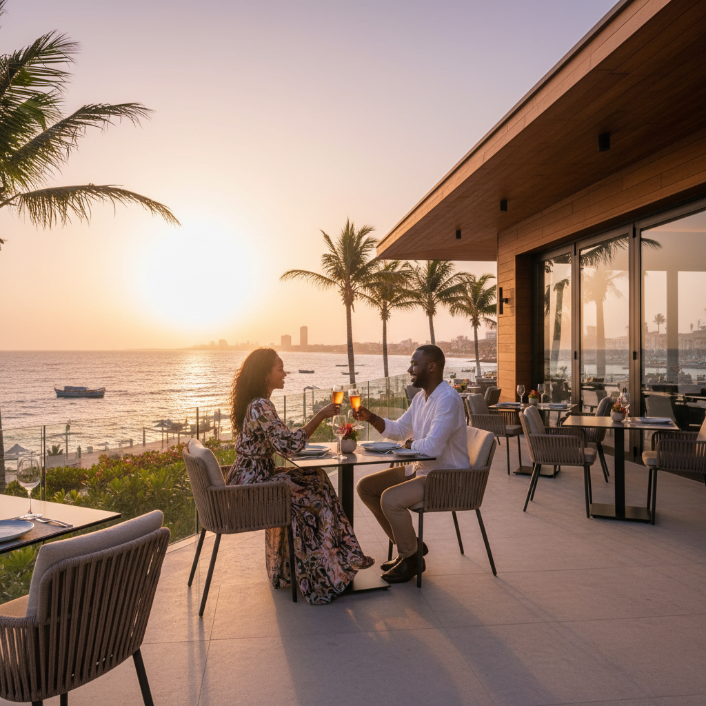 couple on a date in a modern restaurant in Cotonou, horizontal