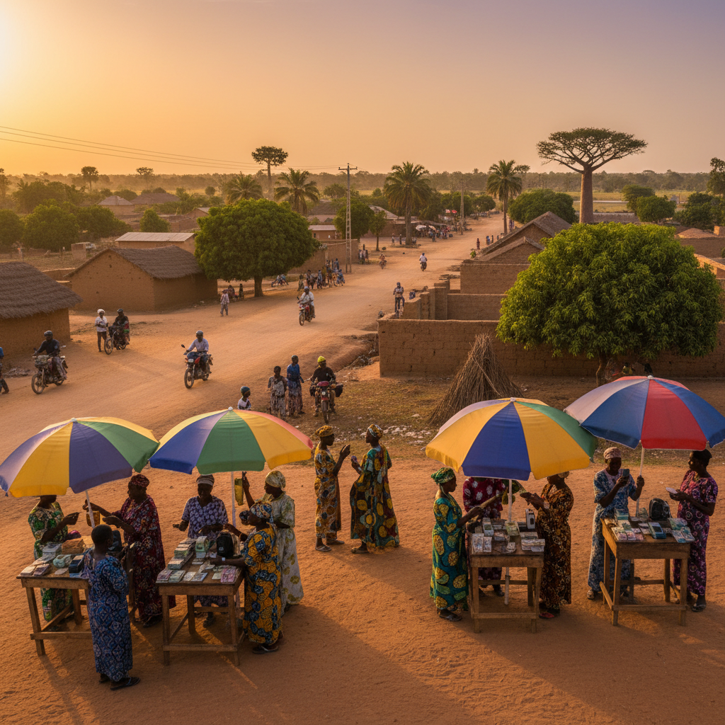 people engaging in mobile money transactions in Benin, horizontal