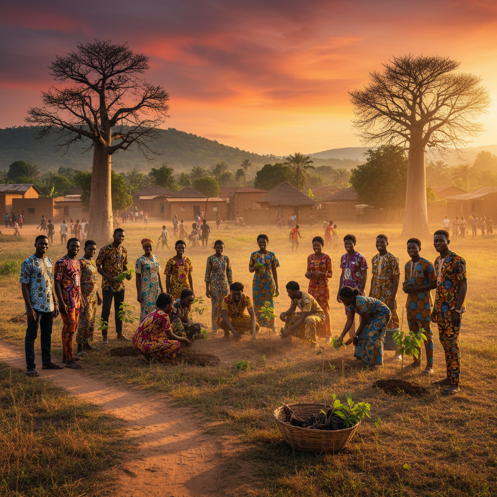 group of young adults joining a community event in Benin, horizontal